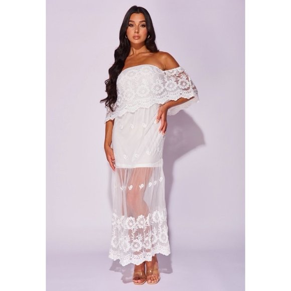 White Lace Short Sleeve Off Shoulder Tiered Maxi Dress - Picture 9 of 11